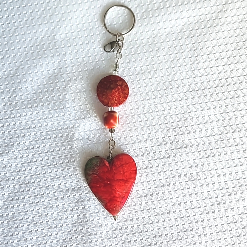 Hand Crafted Red and Green Heart Charm Keychain